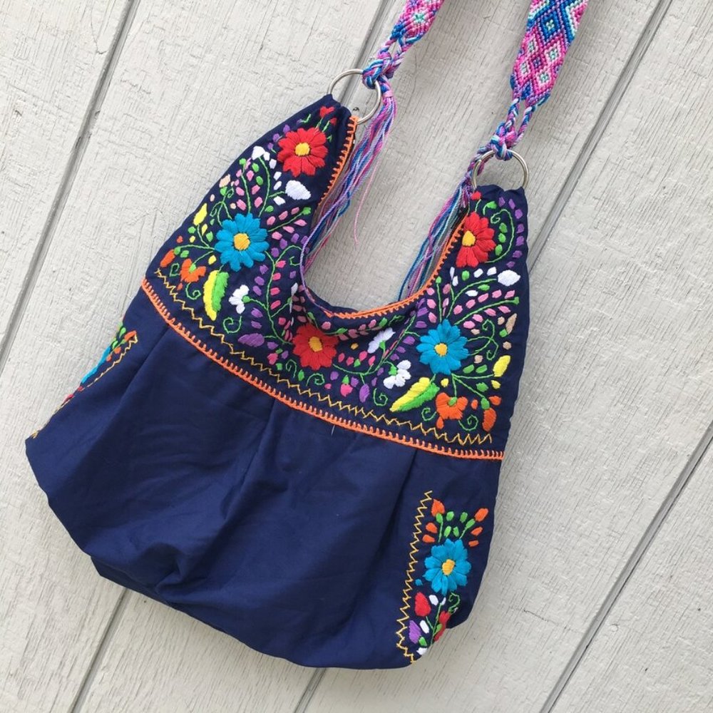 Handmade Floral Embroidered Mexican Satchel Morral Bag - Bolsa Bordada Mexicana